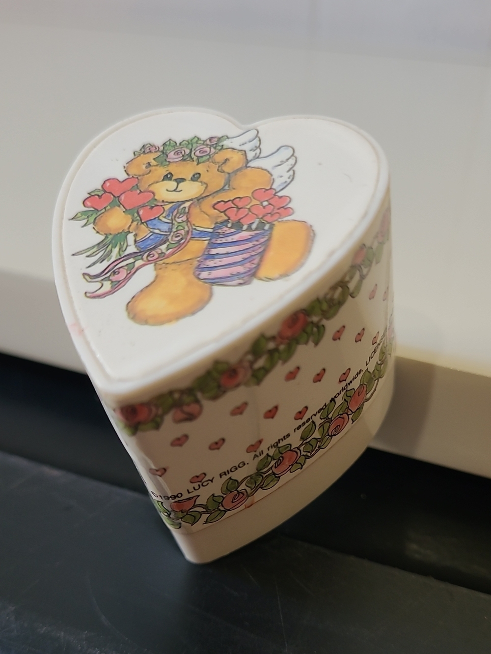 Enesco 1990 Heart-Shaped Rubber Stamp with Angel Bear and Floral Accents Vintage